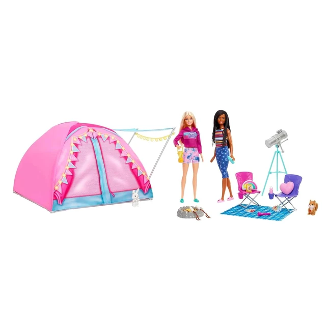 Coffret Camping Barbie Famille Malibu et Brooklyn HGC18 - Tente, Accessoires, Figurines Animaux, Télescope