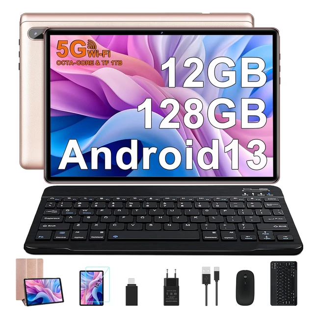 Tablette Facetel 10 pouces Android 13, 12Go RAM 128Go ROM TF1To Octacore 20GHz 5G WiFi Bluetooth 5.0 GMS Certified 5MP 8MP 6000mAh 1280 800 FHD avec Rose