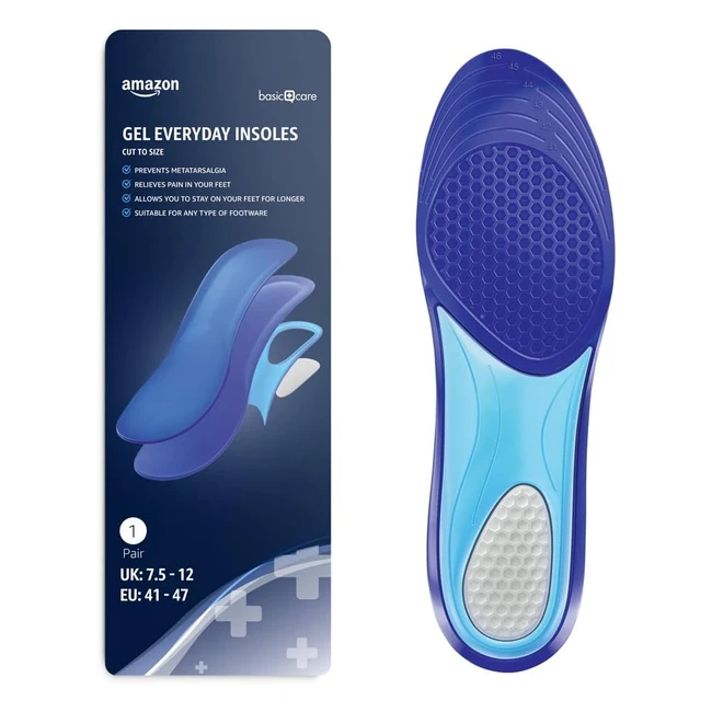 Amazon Basic Care Gel Everyday Insoles Size 4147 Blue - Anti-Slip Fabric, Metatarsal Support