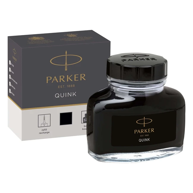 Parker Fountain Pen Ink Bottle - Quink Black Ink 57ml Refill - Smooth Flow & Vivid Impressions