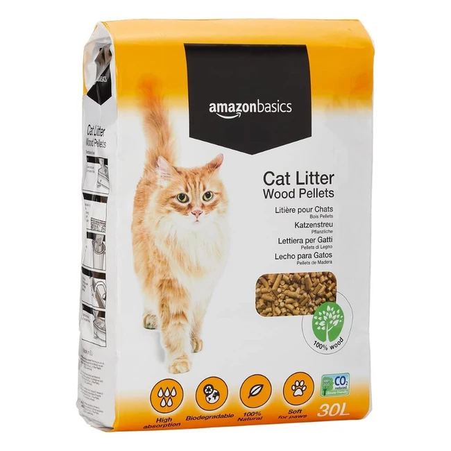 Amazon Basics Cat Litter Wood Pellets 30L Pack - Highly Absorbent & Eco-Friendly
