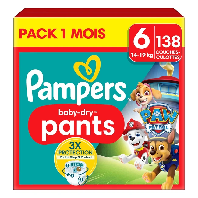 Pampers BabyDry Pants Taille 6 - 138 Couches-Culottes 14-19kg - Maintien 360 et Poche Stop & Protect - Edition Limitée Pat'Patrouille