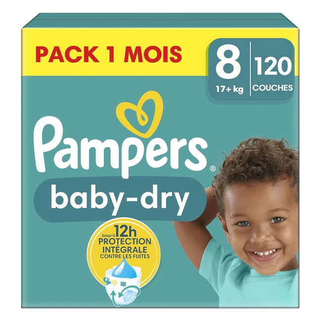 Pampers BabyDry Taille 8 - 120 Couches - 17kg - Une nuit jusqu 100 sans fuit