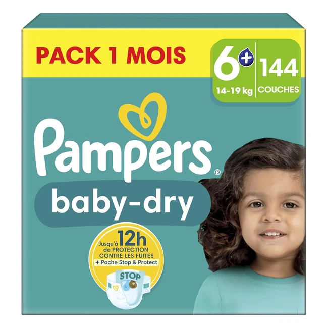 Pampers BabyDry Taille 6 - 144 Couches - 14-19kg - Absorption Extra - Pack 1 Mois