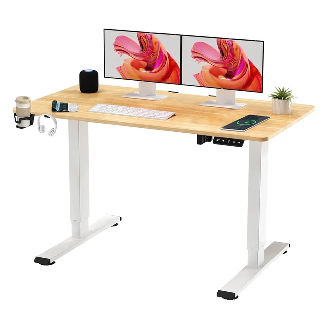 Sanodesk QS110 Electric Standing Desk - Height Adjustable Sit Stand Desk - Home Office - White Frame Maple Desktop
