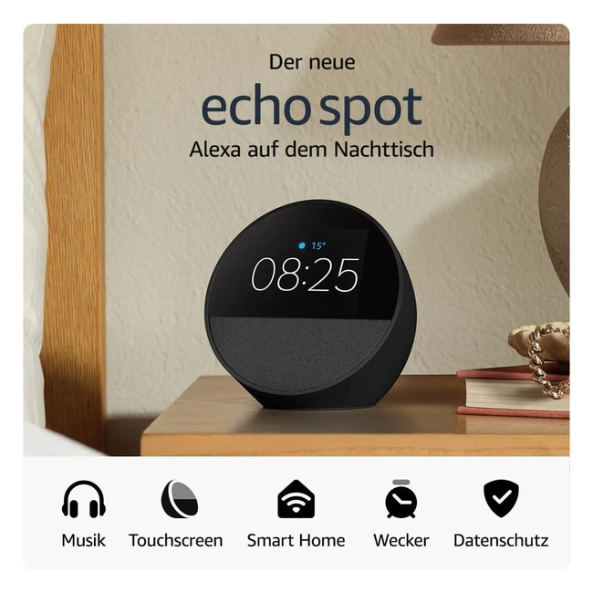 Neuer Echo Spot 2024 Release Smart Wecker mit lebendigem Sound Alexa Schwarz