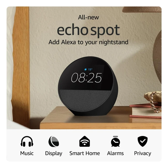 All-New Echo Spot 2024 Release Smart Alarm Clock with Vibrant Sound - Alexa Blac