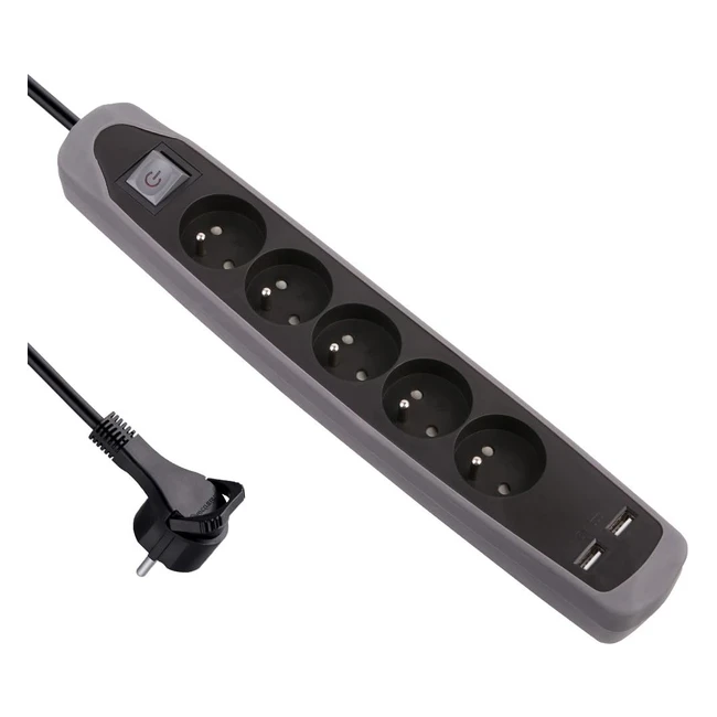 Bloc Multiprise Electraline Gummy 35619 - 5 Prises  2 USB - Interrupteur - Sili