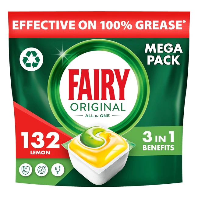 Fairy Original All in One 132 Dishwasher Tablets - Lemon - Effective on Dried-On Grease