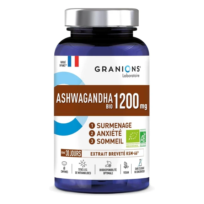 Ashwagandha Bio 1200mg avec KSM66 - Anti Stress Sommeil Fertilité - 30 Comprimés