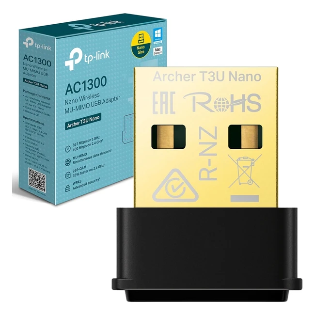TP-Link AC1300 Nano Wireless MU-MIMO USB 20 Adapter  Dualband  Archer T3U Nan