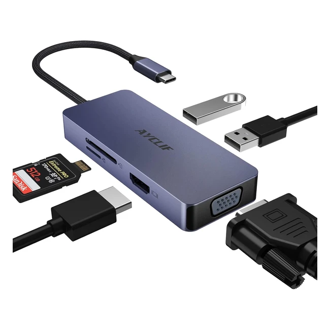Adaptateur USB C 6 en 1 HDMI VGA Dual Monitor Lecteur de Carte SD TF pour MacBoo
